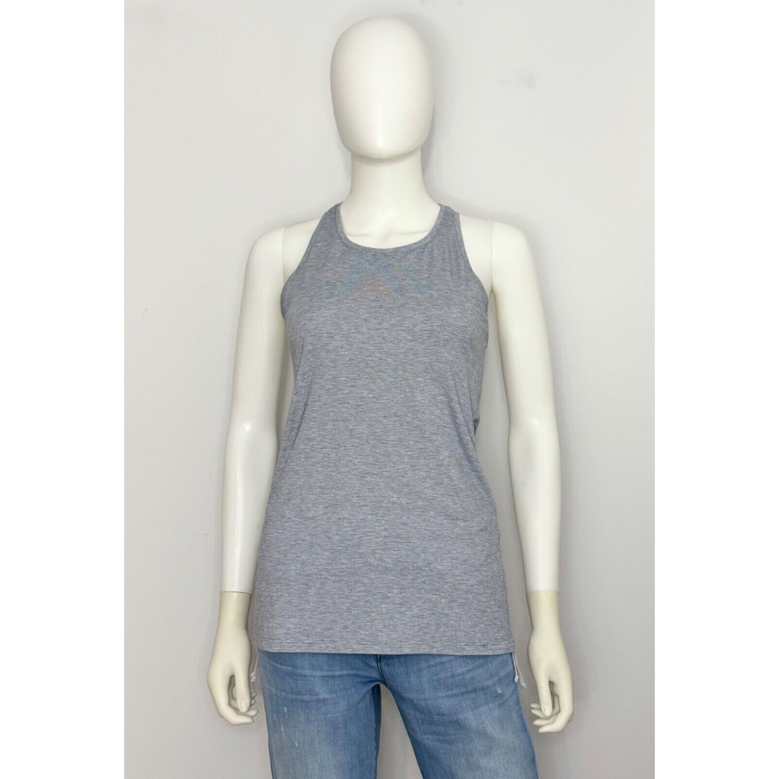Athleta Encore Tank Top Womens S White Gray Striped Racerback Crew Neck Logo